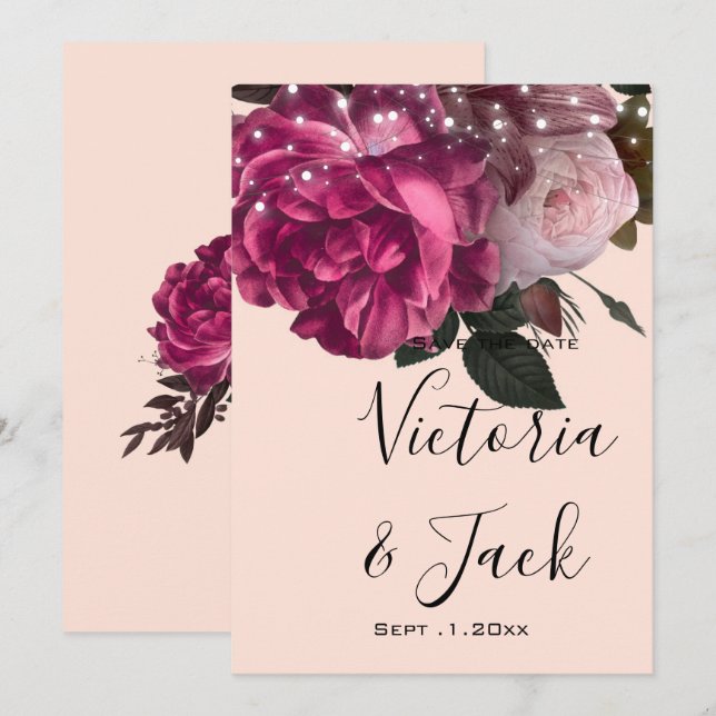save the date String Lights Burgundy Flowers Invitation (Front/Back)