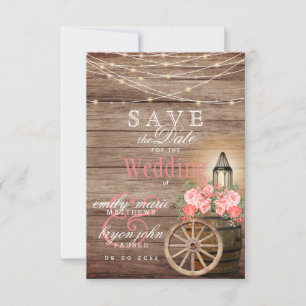 Save the Date - String Lights, Wood Barrel - Coral