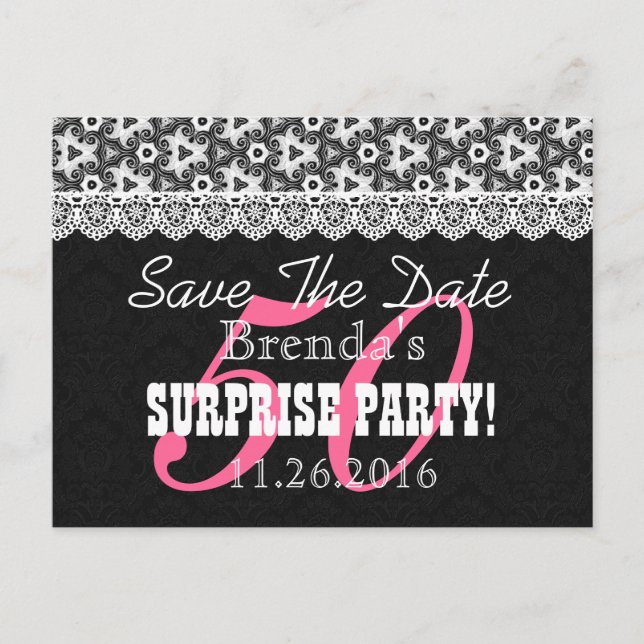 Save the Date SURPRISE 50th Birthday V010B BLACK Announcement Postcard (Front)