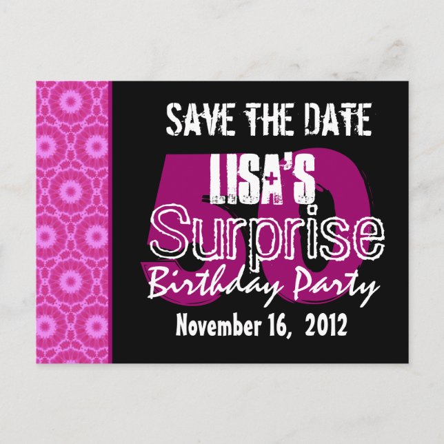 Save the Date Surprise 50th Party Pink V451 Announcement Postcard (Front)