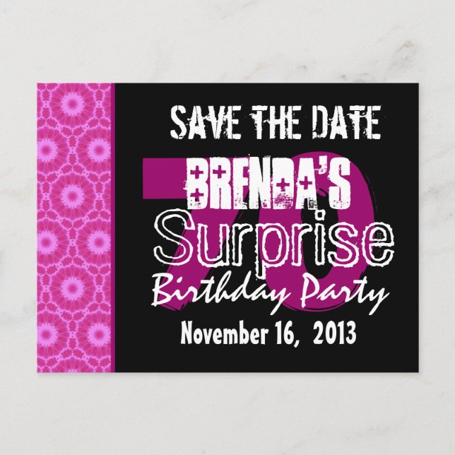 Save the Date Surprise 70th Party Pink W1750 Announcement Postcard (Front)