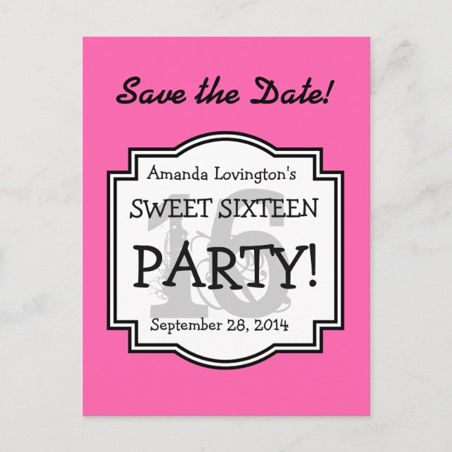 Save the Date Sweet 16 Birthday Party A02 PINK Announcement Postcard (Front)