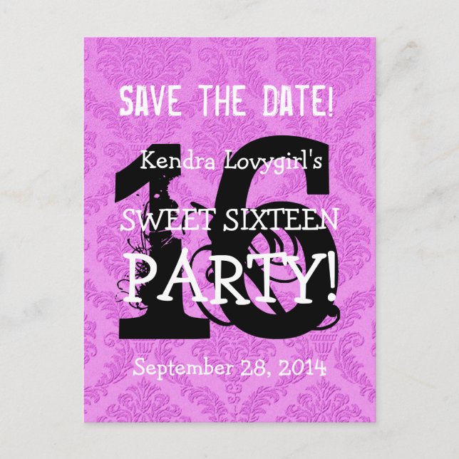 Save the Date Sweet 16 Birthday Party A06 PURPLE Announcement Postcard (Front)