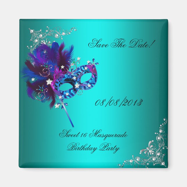 Save The Date Sweet 16 Masquerade Teal Magnet (Front)
