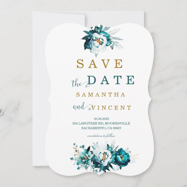  Save the Date Teal and Gold card (Front)