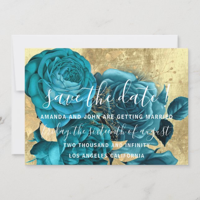 Save The Date Teal Blue Wreath Wreath Gold (Front)