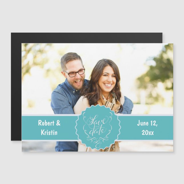 Save the Date Teal Custom Magnetic Save the Date Invitation (Front/Back)