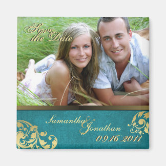 Save the Date Teal & Gold Shimmer Floral Magnet
