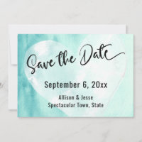 Save the Date Teal White Watercolor Heart Card
