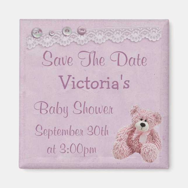 Save the Date Teddy Bear Baby Girl Shower Magnet (Front)