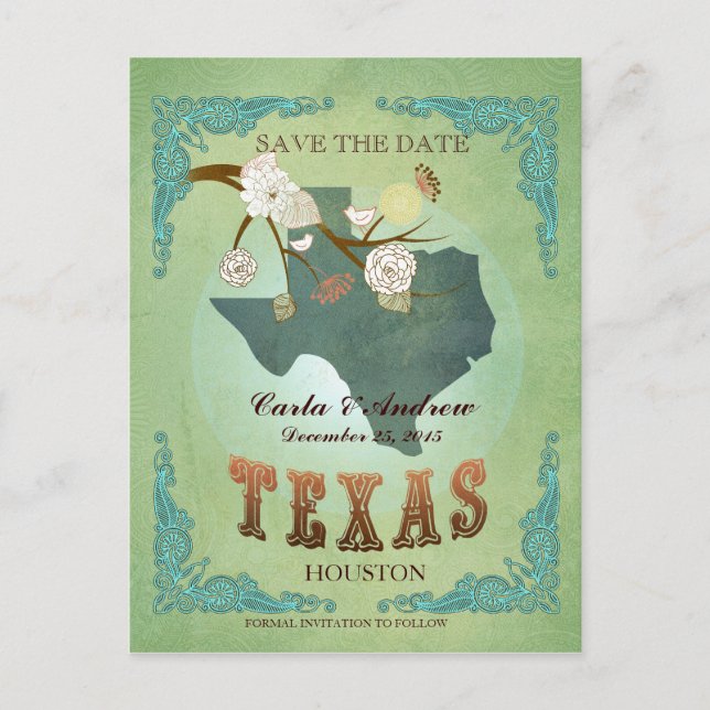 Save The Date - Texas Map With Lovely Birds Announcement Postcard (Front)