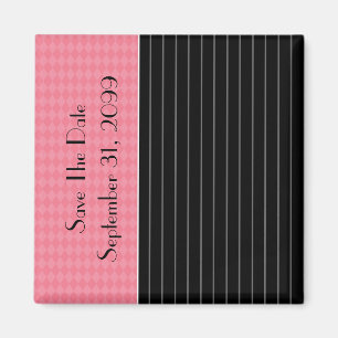 Save The Date Trendy Black Pinstripe Pink Argyle Magnet