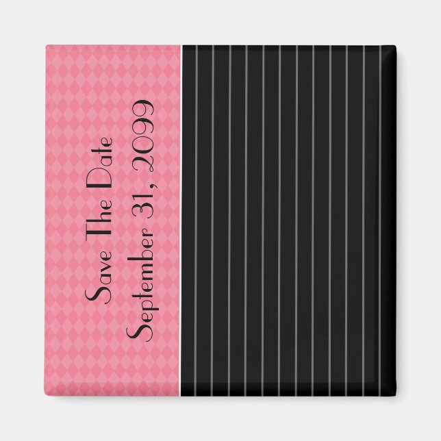 Save The Date Trendy Black Pinstripe Pink Argyle Magnet (Front)