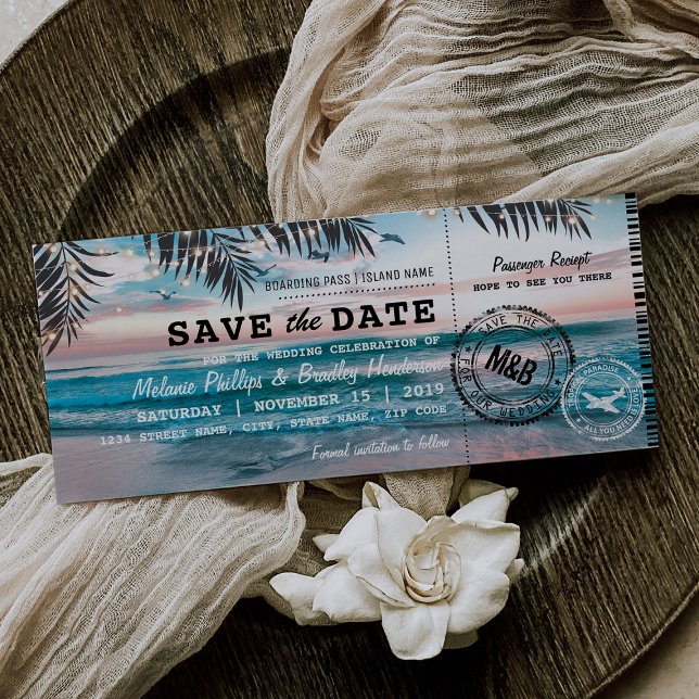 Save the Date Tropical Beach Lights Boarding Pass (Creator Uploaded)