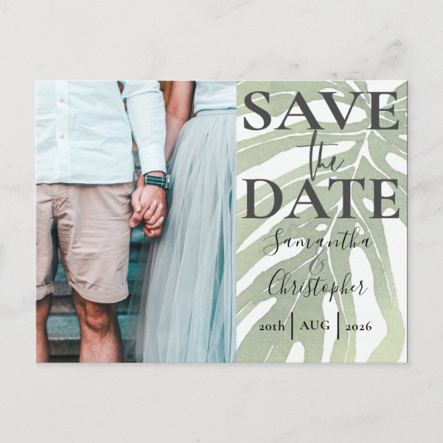 Save the Date Tropical Monstera  Photo Wedding Announcement Postcard (Front)