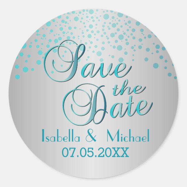 Save the Date | Turquoise Blue Dots | Personalise Classic Round Sticker (Front)