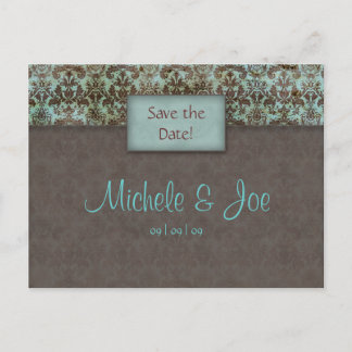 Save the Date Turquoise Brown Damask Postcard