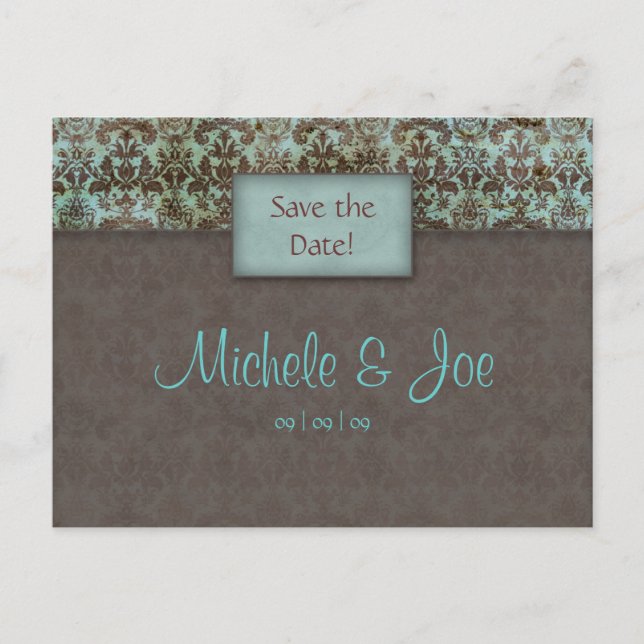 Save the Date Turquoise Brown Damask Postcard (Front)
