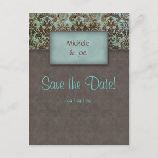 Save the Date Turquoise Brown Damask Postcard 2