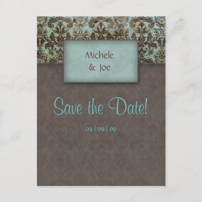 Save the Date Turquoise Brown Damask Postcard 2 (Front)