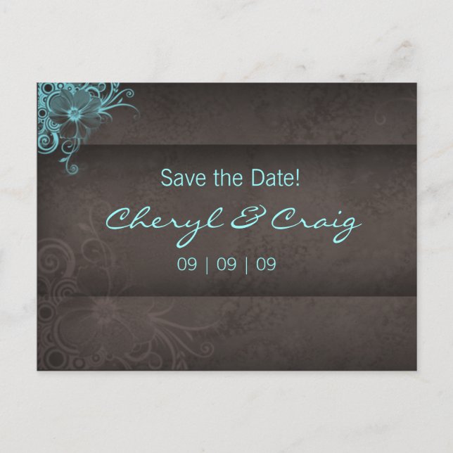Save the Date Turquoise Brown Floral Postcard (Front)