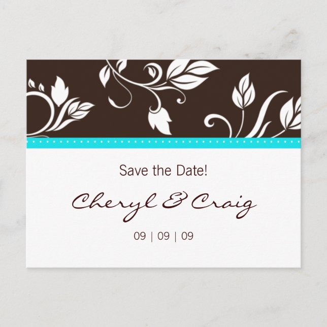 Save the Date Turquoise Brown Floral Postcard 2 (Front)