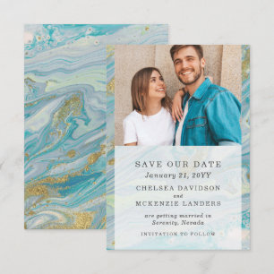 Save The Date Turquoise & Gold Marble Wedding Card