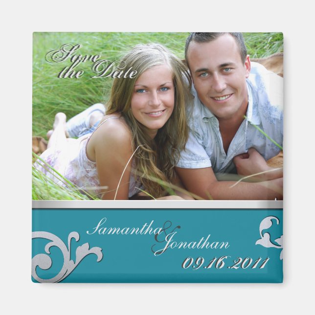 Save the Date Turquoise & Silver Sparkle Magnet (Front)