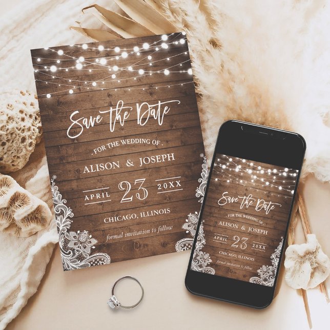 Save The Date - Twinkle Lights Rustic Wood Lace (Creator Uploaded)