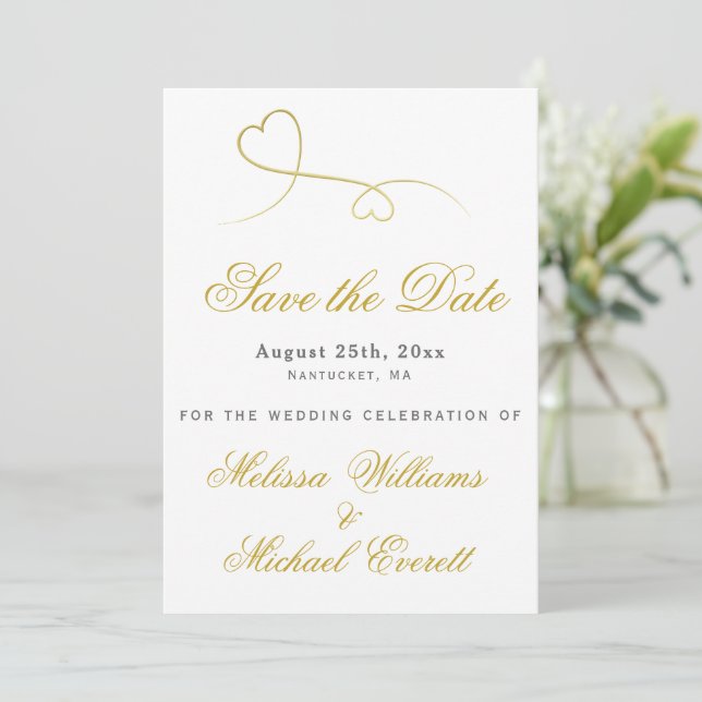 Save the Date | Two Elegant Gold Hearts Wedding (Standing Front)