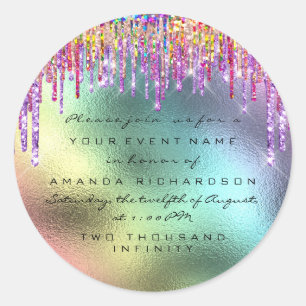 Save The Date Unicorn Rainbow Drips Holographic Classic Round Sticker