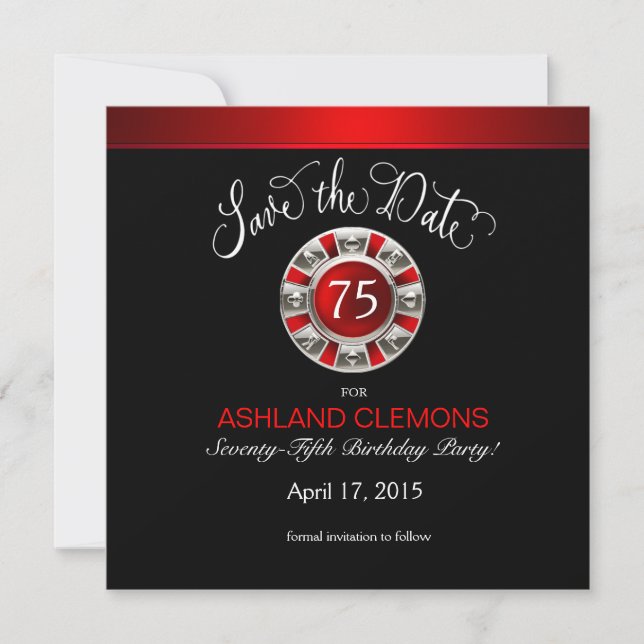 Save the Date Vegas Casino Chip | red silver black (Front)