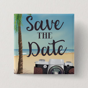 Save the date vintage Camera and Beach 15 Cm Square Badge