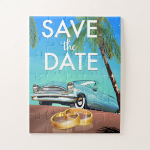 Save the Date vintage car and wedding rings. Jigsaw Puzzle