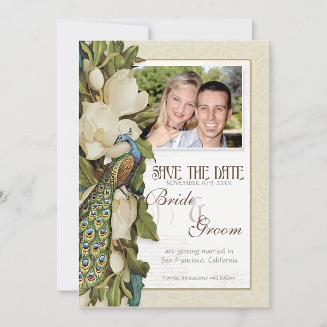 Save the Date - Vintage Peacock & Magnolia Swirls (Front)