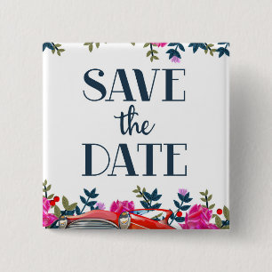 Save The Date Vintage Red Car 15 Cm Square Badge