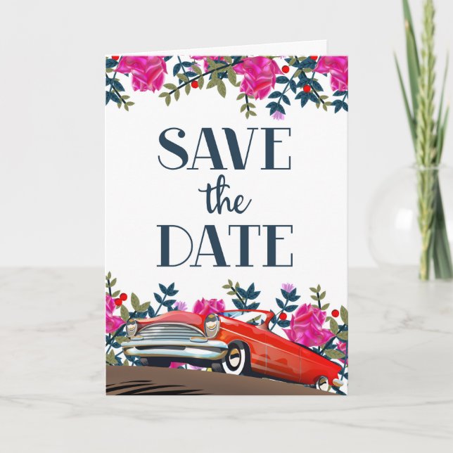 Save The Date Vintage Red Car Note Card (Front)
