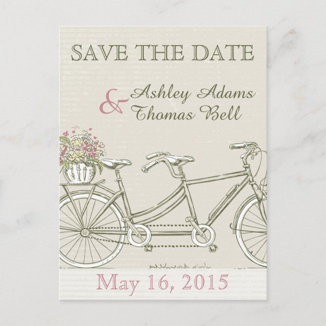Save the Date Vintage Tandem Bicycle Announcement Postcard (Front)