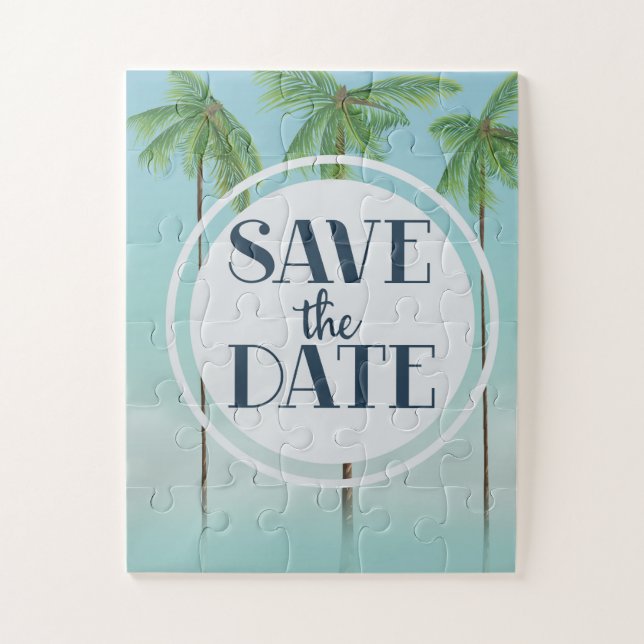 Save The Date Vintage Tropical Palms Jigsaw Puzzle (Vertical)