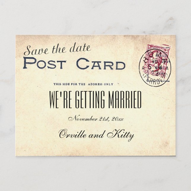 Save The Date Vintage Wedding Announcement Postcard (Front)