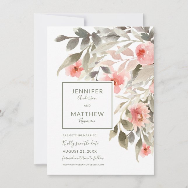 Save the Date Watercolor Blush Rose with Photo Invitation (Front)