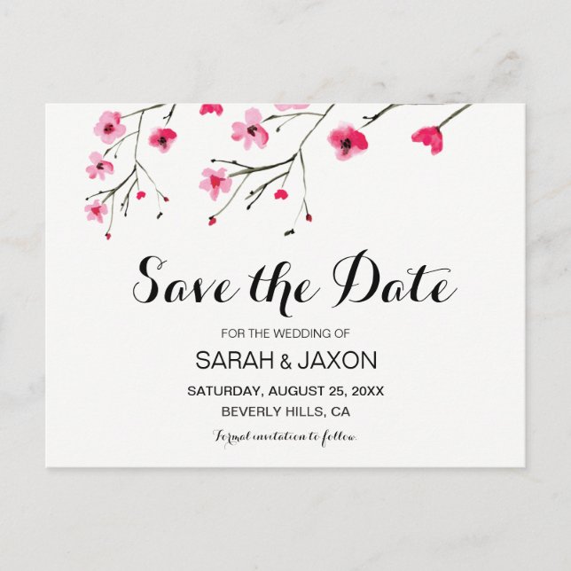 Save the Date Watercolor Cherry blossoms Announcement Postcard (Front)
