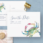 Save The Date Watercolor Crab Postcard<br><div class="desc">Announce your engagement with our non-photo save-the-date postcard, featuring "Save the Date" in a trendy script typography that mimics hand lettering. This elegantly simple card showcases my original watercolor blue crab in vibrant shades of reds, blues, and greens. Your names, wedding date, and location are displayed in a classic serif...</div>