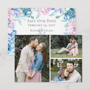 Save The Date Watercolor Floral 3-Photo Card