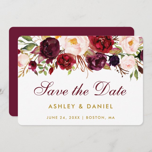 Save The Date Watercolor Floral Burgundy Gold BB (Front/Back)