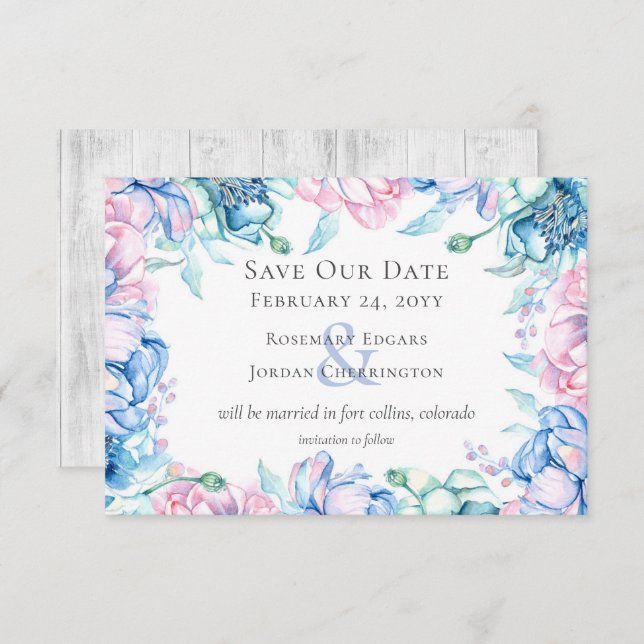 Save The Date Watercolor Floral & Rustic Wood Card (Front/Back)