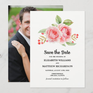 Save the Date. Watercolor Floral Wedding Photo  Invitation