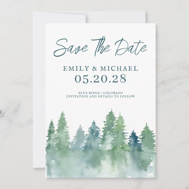 Save The Date Watercolor Forest Trees Woodland (Front)