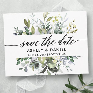 Save The Date Watercolor Greenery Calligraphy Postcard