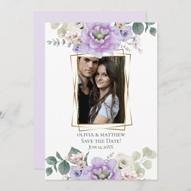 Save the Date  |  Watercolor Lavender Peony Floral Invitation (Front/Back)